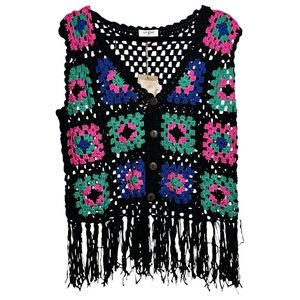 UMGEE Black Crocheted Squares Sleeveless Cardigan Medium Grannycore Boho Fringe